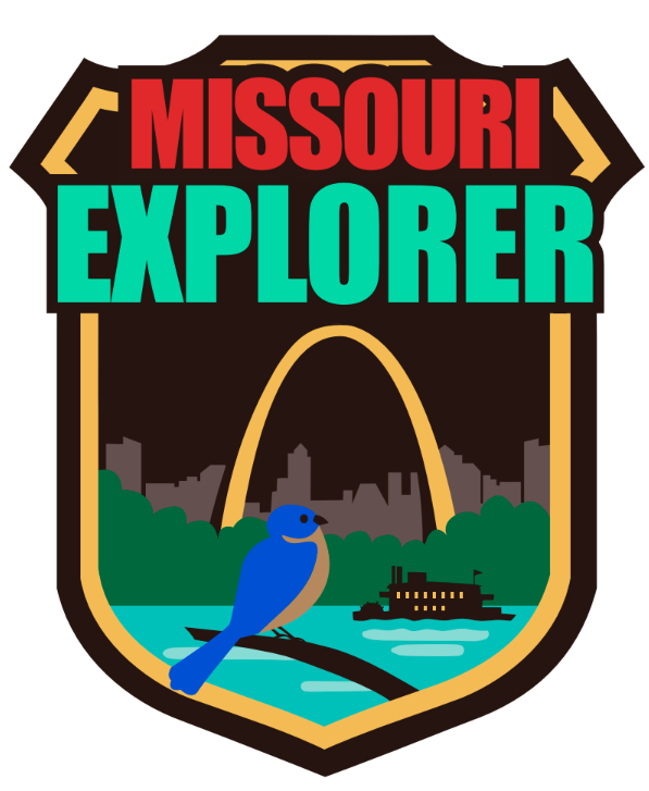 Missouri Explorer Campaign Badge with blue bird Infront of river and St Louis Arch